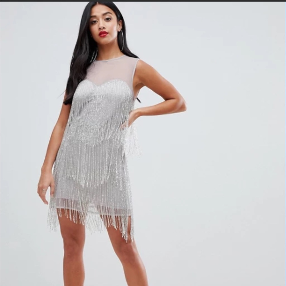 Petite mini dress with embellished fringe